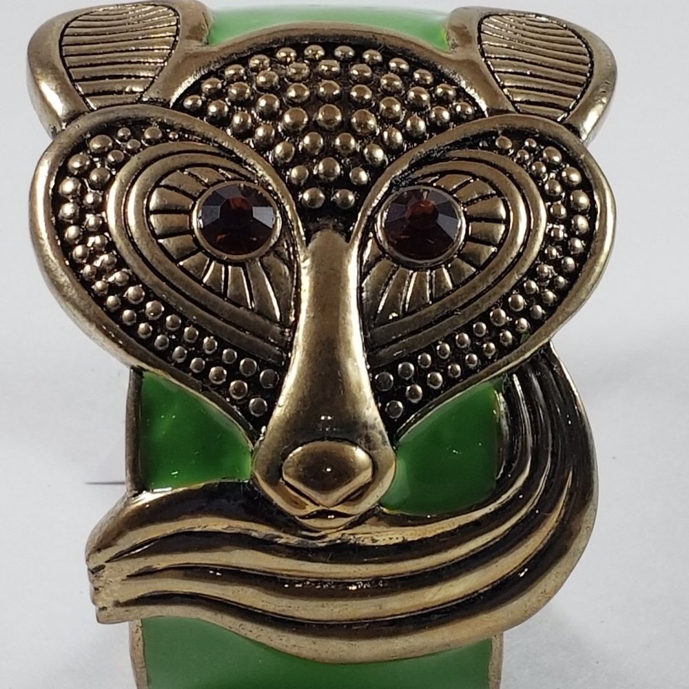 Vintage Gold-Tone Fox Cuff Statement Bracelet – Green Enamel & Gemstone Eyes - Picture 2 of 5
